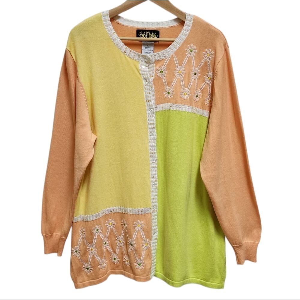 Bob Mackie Orange Green Embroider Floral Sequin Cardigan Sweater Women XL Artsy